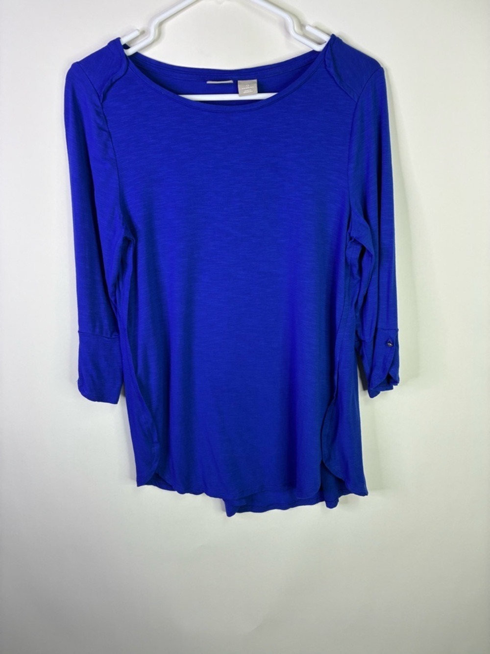 Chico’s  Royal Blue curved neck 3/4 Sleeve Tee Zenergy Sz 0
